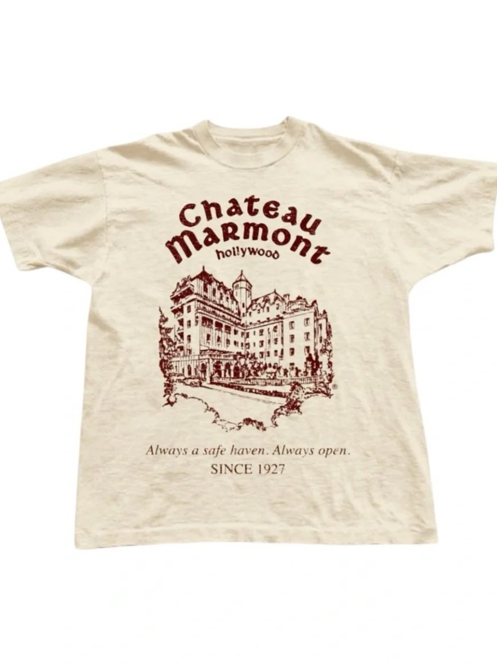 Cream Short Sleeve Tee with Burgundy Chateau Graphic